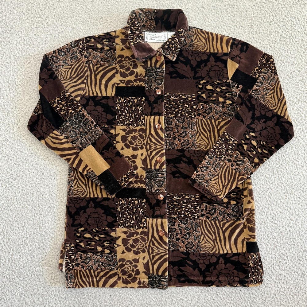 Sarah Bentley Velour Shirt Leopard Print Floral‎ Chocolate Brown Patchwork